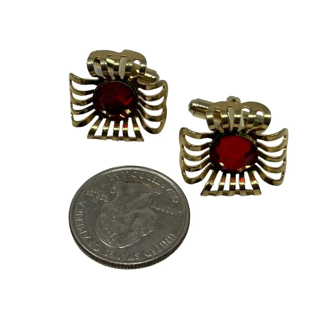 Vintage Mens Cuff Links Red Acrylic Stone Gold Tone‎